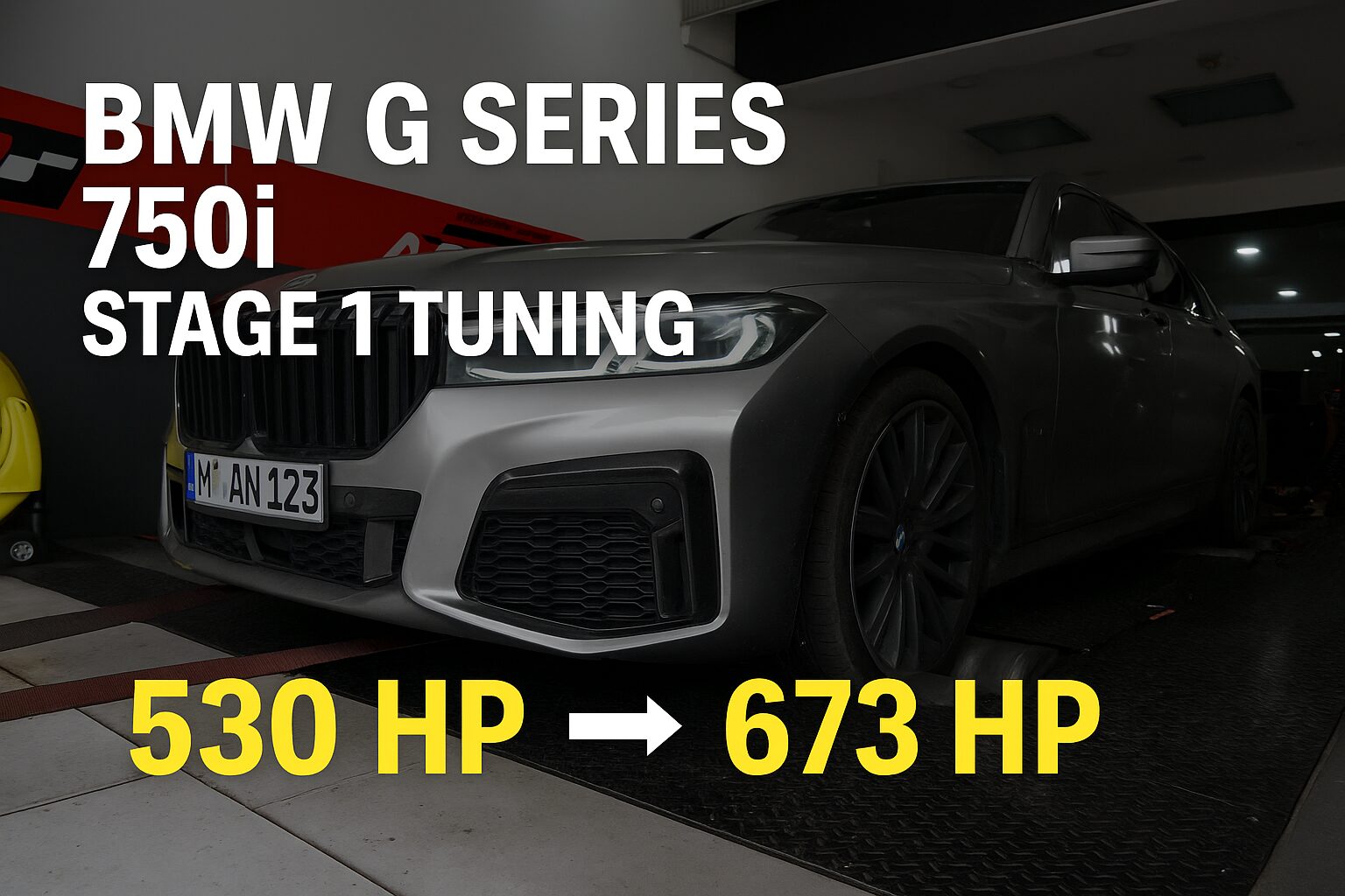 BMW 750i G Series on dyno after Stage 1 tuning at ASF Tuning, showing power increase from 530 HP to 673 HP